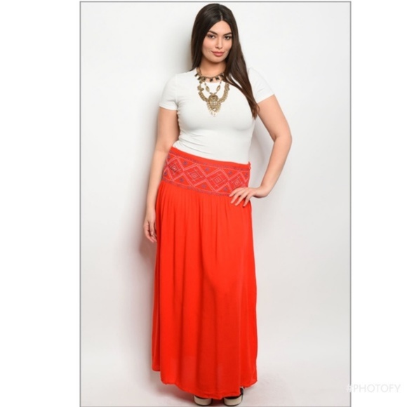 Priscillas_posh Dresses & Skirts - Boho Red Crepe Embroidered Plus Size Maxi Skirt
